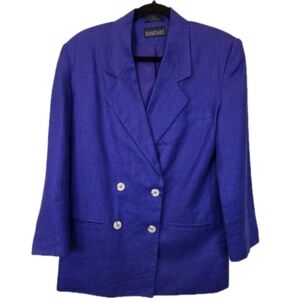 VTG Herman Geist Purple Linen Double Breasted Blazer Women Size 8 Shoulder Pads